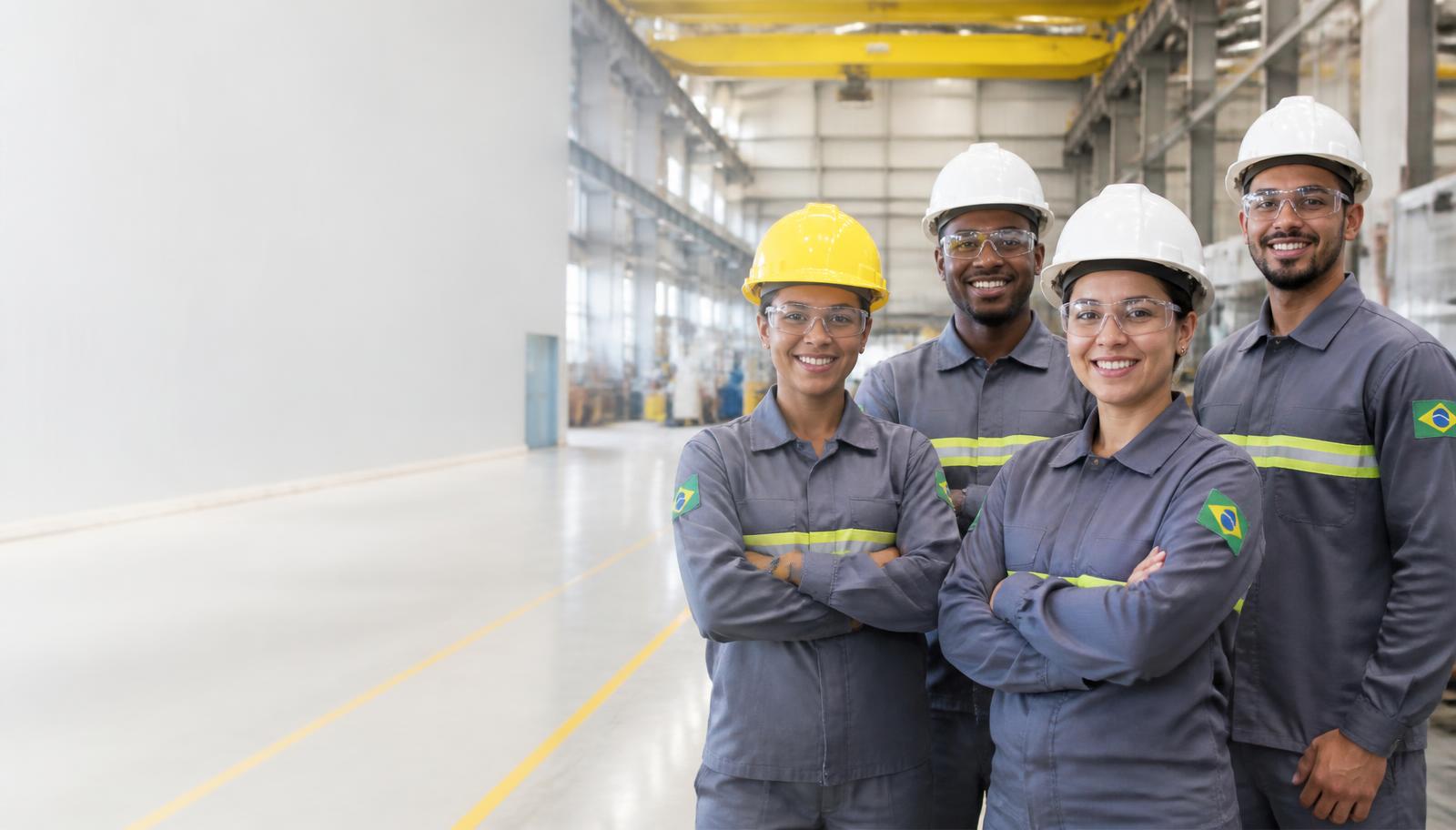Equipe de operadores industriais uniformizados em uma fábrica