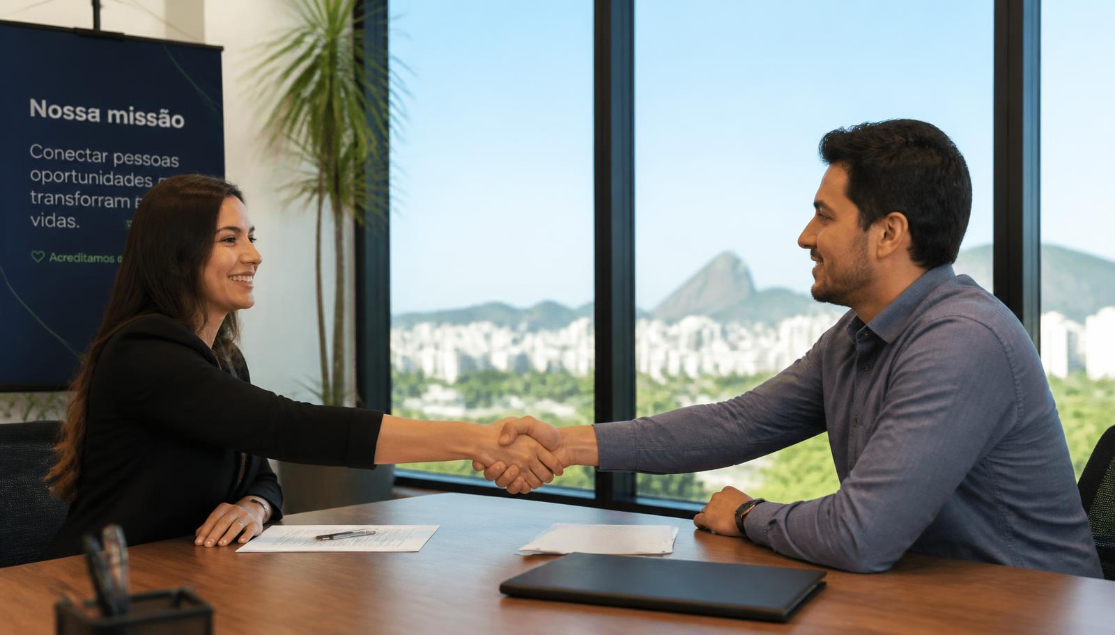 Especialista de recrutamento cumprimentando um candidato em um escritório