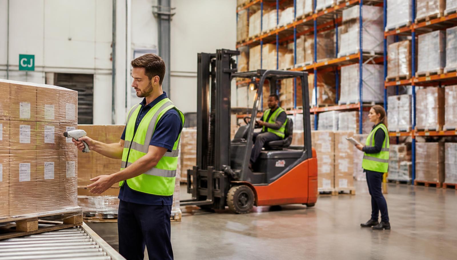 Equipe de logística conferindo mercadorias em um centro de distribuição